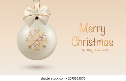 Vector Christmas and New Year Banner. Realistic 3d Christmas and New Year Glass Ball, Decoration Closeup on Red. Design Template of Xmas and New Year Tree Toy Decoration. Front View