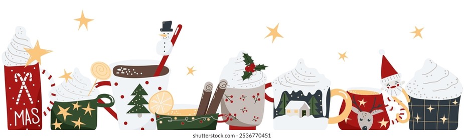 Vetor Natal e Ano Novo cacau, chá, xícaras de café horizontal bandeira panorâmica com decorações, estrelas, azevinho, cabeça de Papai Noel, laranja seca, canela, chantilly, noel tree, boneco de neve e flocos de neve.
