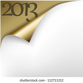 Vector Christmas New Year Card - Sheet of golden paper with a curl showing 2013