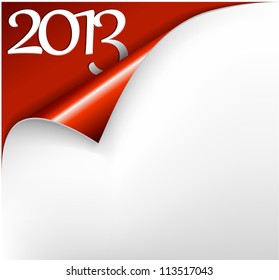 Vector Christmas New Year Card - Sheet of red paper with a curl showing 2013