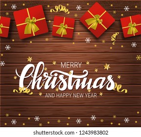 Vector Christmas and New Year card.  Holiday illustration with lettering and gifts on wood background