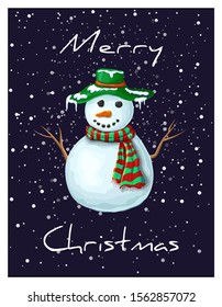 vector christmas or new year card template with cute snowman in green hat and lettering Merry Christmas. Dark blue xmas background for invitations, posters, banners, flyers, greetings to clients