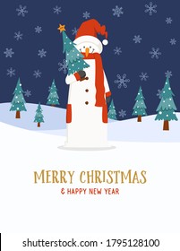 Vector Christmas and new year card design with tall snowman and snowy night scene.