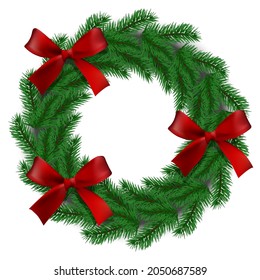 Vector. Tarjeta de Navidad y Año Nuevo. corona navideña, compuesta de ramas de abetos. Vocación con decoraciones navideñas, bolas, arcos rojos satinados.