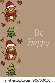 Vector Christmas and New Year card with cute tiger. 2022 year. Tiger in santa claus hat and scarf with Christmas tree and bows. With a wish to be happy.