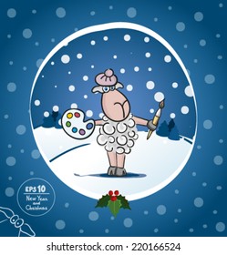 Vector Christmas or New Year card with sheep artist. Sprig of mistletoe, Christmas tree, snow, winter, sky, snow, brush, paint.
