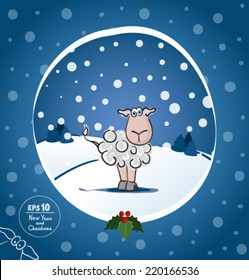 Vector Christmas or New Year card with sheep. Sprig of mistletoe, Christmas tree, snow, winter, sky, snow.