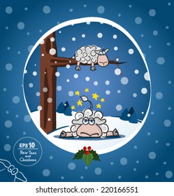 Vector Christmas or New Year card with sheep. Sprig of mistletoe.