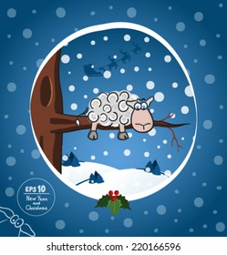 Vector Christmas or New Year card with sheep on a tree. Sprig of mistletoe, Christmas tree, snow, winter, sky, snow.