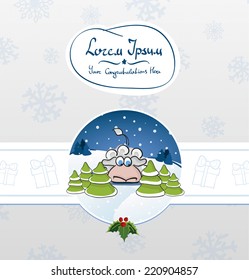 Vector Christmas and New Year card. sheep, a branch of mistletoe, ribbon, greeting.