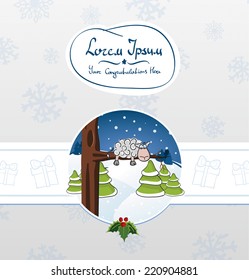Vector Christmas and New Year card. sheep, a branch of mistletoe, ribbon, greeting.