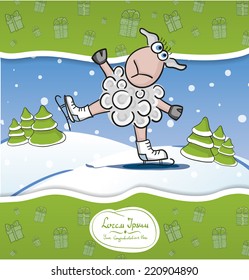 Vector Christmas and New Year card. sheep,  ribbon, greeting.