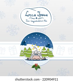 Vector Christmas and New Year card. sheep, a branch of mistletoe, ribbon, greeting.