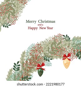 Vector Christmas and New Year card. Spruce branch decorated with toys.