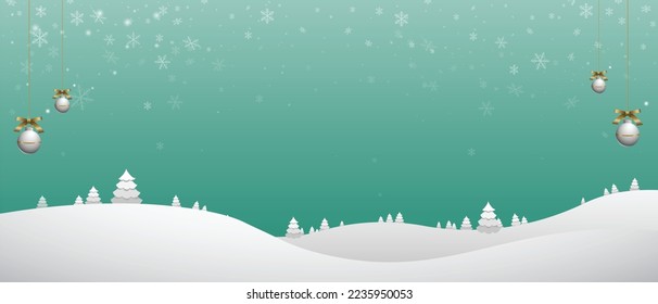 Vector Christmas and New Year Card Template on Tiffany Blue Color Snowy  Sky Background with winter snowflakes landscape, light, stars. Merry Christmas card. Hanging Balls and Candy Canes Decorations.