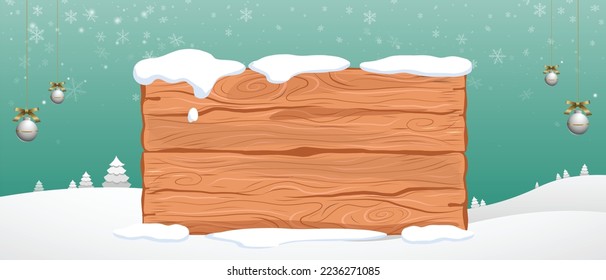 Plantilla de tarjetas Vector de Navidad y Año Nuevo sobre el fondo del cielo nevado de color azul Tiffany con copos de nieve de invierno, carteles de madera, tarjeta navideña de Feliz. Bolas colgantes y decoración de canes de candy.