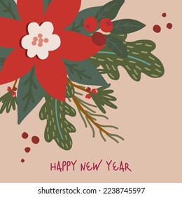Navidad vectorial y símbolos de año nuevo de la tarjeta de año poinsettia holly fir