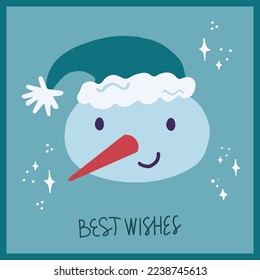 Vector christmas and new year card snowman knitted hat sparkles new year symbols. Illustration with best wishes lettering