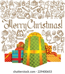 Tarjeta vectorial de Navidad y Año Nuevo con regalos, con inscripción Feliz Navidad, envuelta en papel de color