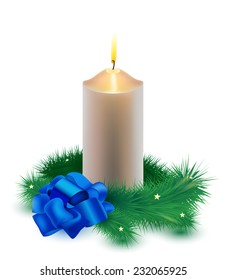 vector christmas, new year card with realistic golden candle and christmas tree branch and blue bow tie isolated on white background