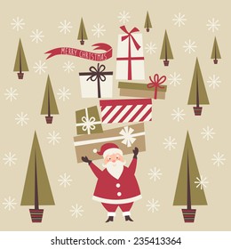 Vector Christmas and New Year card. Greeting card with Santa and gift boxes. Vector illustration. 