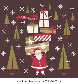 Vector Christmas and New Year card. Greeting card with Santa and gift boxes. Vector illustration. 