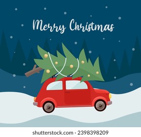 Tarjeta vectorial de Navidad y Año Nuevo. Auto retro con un árbol de Navidad en el techo. Plantilla para tarjeta de saludo, afiche, banner, diseño de invitación. Ilustración vectorial.