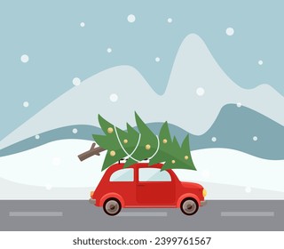 Vector Christmas and New Year card. Retro car with a Christmas tree on the roof. Template for greeting card, poster, banner, invitation design. Vector illustration.