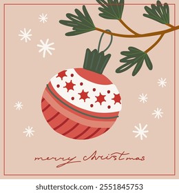 Vector christmas and new year card christmas ball snowflakes new year symbols. Illustration with merry christmas lettering. 