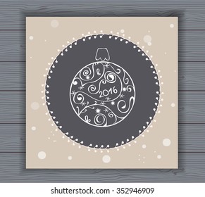 Vector Christmas  and New Year card. Illustration with Isolated  festive ornament ball  in frame. Template,wallpaper for poster and cover design. Excellent for postcard, invitations.