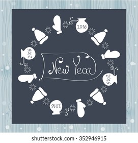 Vector Christmas  and New Year card. Illustration with Isolated  lettering in frame of festive elements and symbols for holiday. Template,wallpaper for poster, cover, invitation design