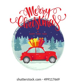 Vector Christmas and New Year card. Merry Christmas custom lettering. Merry Christmas and Happy New Year wishes. Christmas design element.