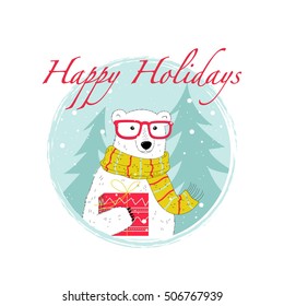 Vector Christmas and New Year card with a nice polar bear.