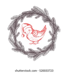 Vector  Christmas and New Year card with little cute bird and Fir wreath. Ink drawn Winter holidays illustration in vintage style.