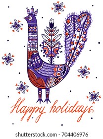 Vector Christmas and New Year card  with an abstract folk  bird