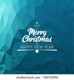 Vector Christmas and New Year card design. Greeting text with white typography on blue polygonal background.