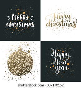 Vector Christmas And New Year Cards Collection With Handdrawn Lettering. Xmas Cards With Gold Elements On Winter Background