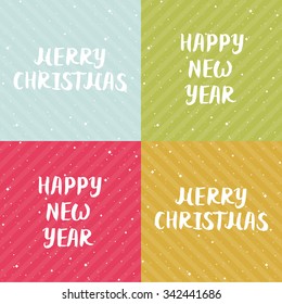 Vector Christmas and New year cards collection with hand drawn lettering. Xmas cards with lettering elements on winter shiny background 