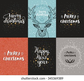 Vector Christmas and New year cards collection with handdrawn lettering, deer and snow. Xmas cards on winter background