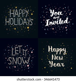 Vector Christmas and New year cards collection with handdrawn lettering. Xmas cards with gold elements on winter background