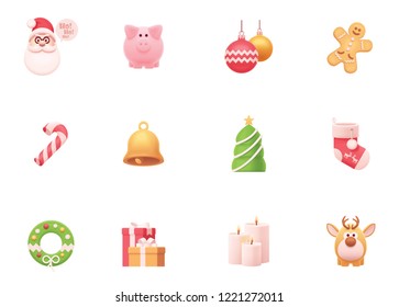 Vector Christmas and New Year celebration icons set. Includes Santa, reindeer, Christmas tree, gifts, candles, gingerbread man, Christmas balls and stocking