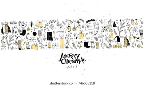 Vector Christmas and New year congratulation design. Scandinavian style illustration. Simple hand made xmas card, package backdrop with icons - gift box, fir tree branch, decoration ball, holly berry.