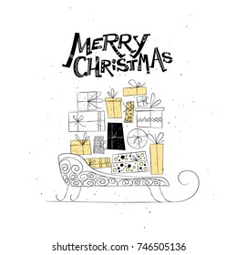 Vector Christmas and New year congratulation design. Scandinavian style illustration. Simple cute hand made xmas card with sled, gift boxes, craft text message. Party invitation, warm holiday postcard