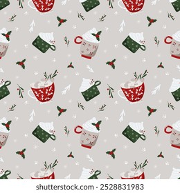 Vector Christmas, New Year cups with warm drinks, cacao with marshmallow,  whipped cream, decorations, holly berries, snowflakes, hand drawn craft seamless pattern.