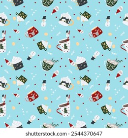 Vector Christmas, New Year cups with warm drinks and decorations, tree branches, lollypop candies, stars, hand drawn seamless pattern.
