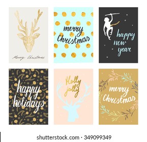 Vector Christmas and New Year cute postcard set. Deer silhouettes, gold lettering, pastel tones. Merry Christmas, Happy New Year, Happy Holidays, Holly Jolly postcards. 