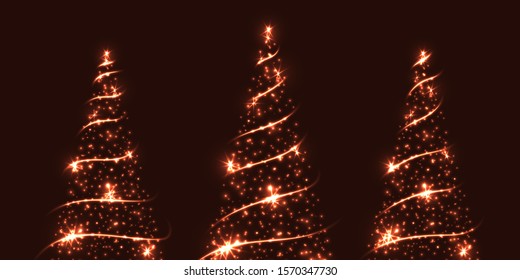 Vector Christmas and New Year design for gift card, advertisment, banners. Shining fir trees made of golden lights, glow and sparkles on dark orange background.