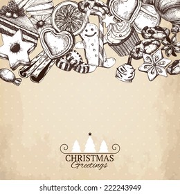 Vector Christmas and New Year design with ink hand drawn sweets illustration. Vintage sketch for Christmas card or invitation design.