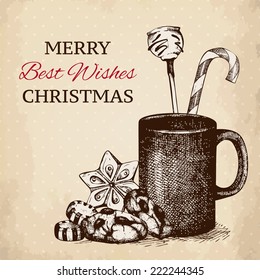 Vector Christmas and New Year design with ink hand drawn sweets illustration. Vintage sketch for Christmas card or invitation design.