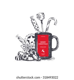 Vector Christmas and New Year design with ink hand drawn hot drink and sweets illustration. Vintage sketch for Christmas card or invitation design.